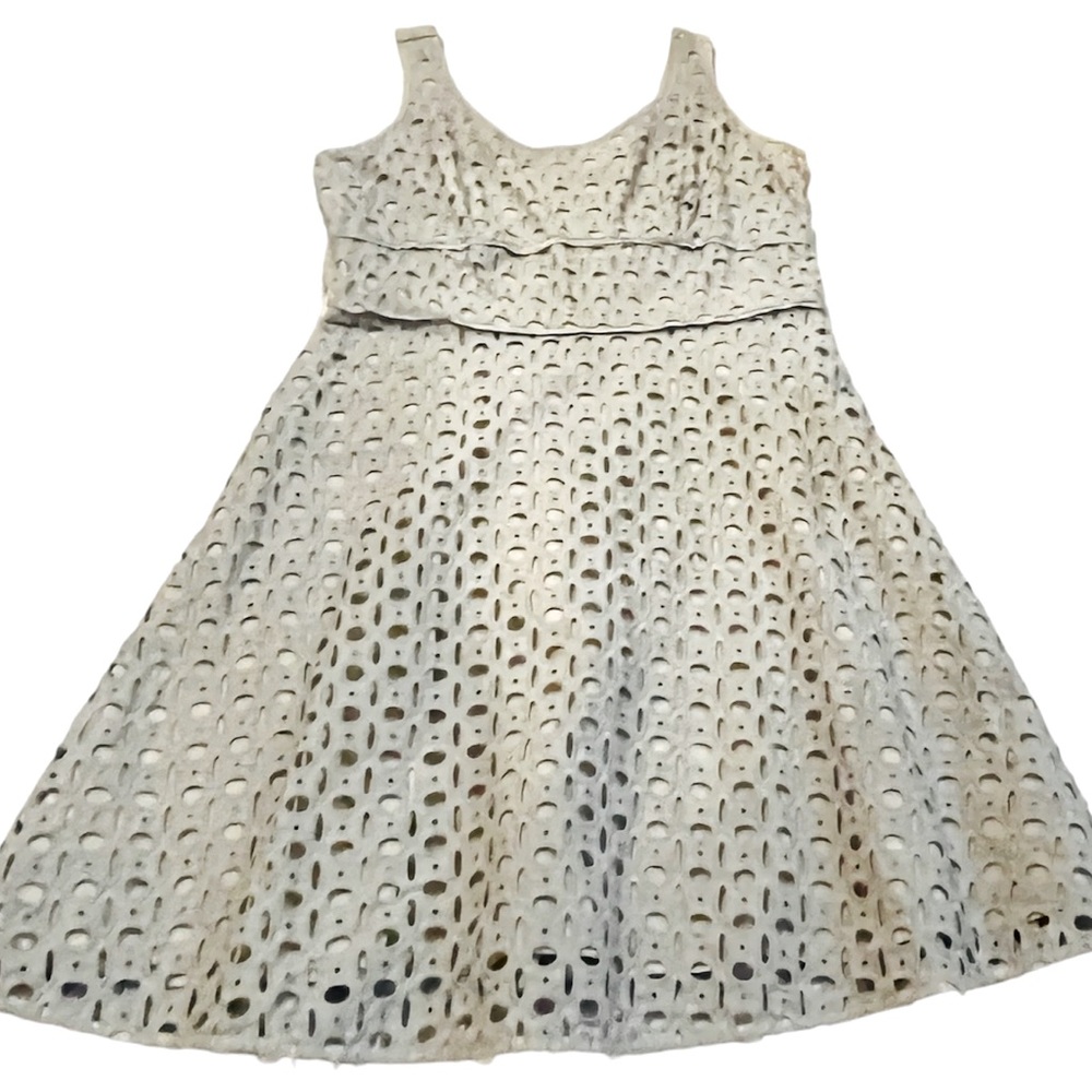 LOFT Petites Dress Size 8P Light Blue Gray Cotton Large Eyelets Lace Sleeveless